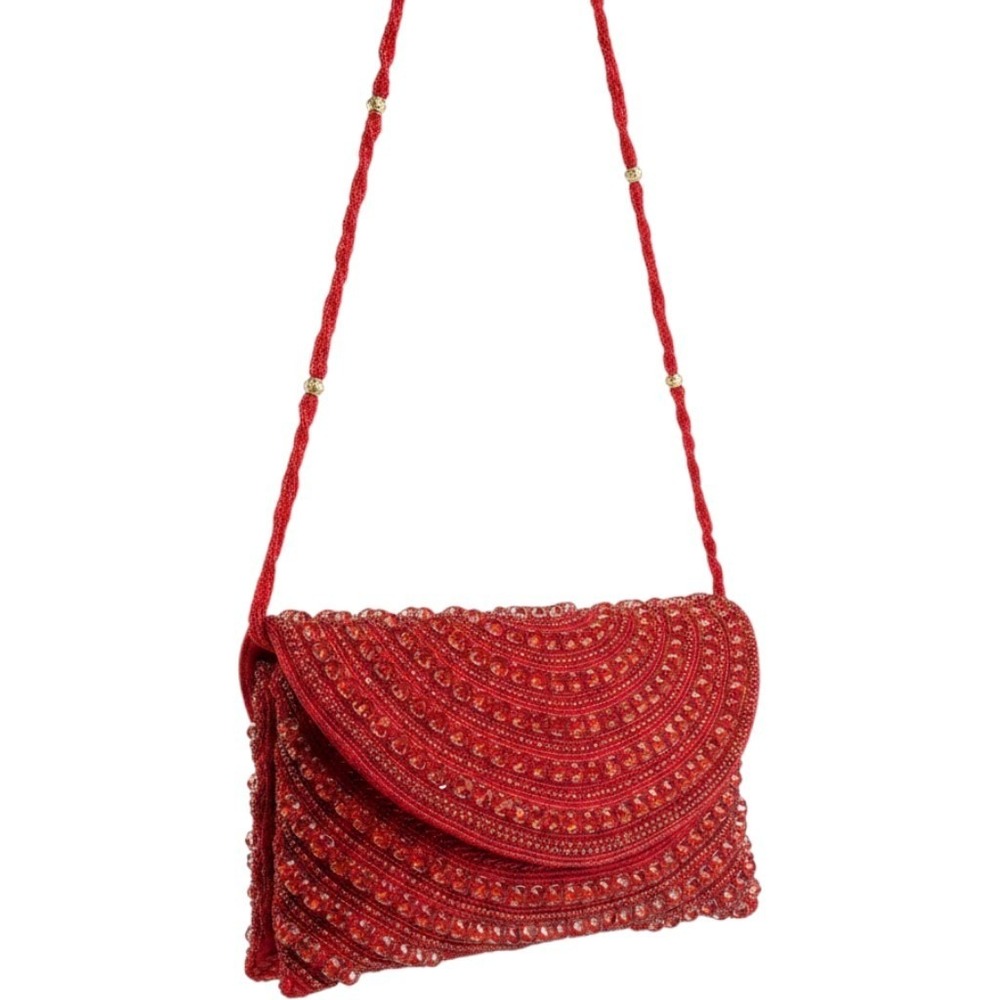 Red Beaded Evening Clutch Bag Seed Bead Crystal Formal Crossbody Handbag